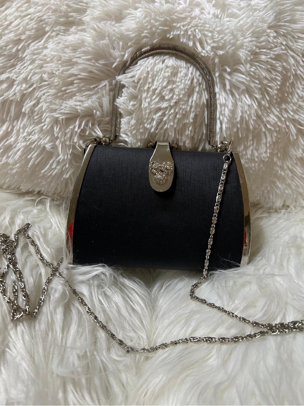 Elegant Black Evening Top-Handle Bag with Silver Hardware